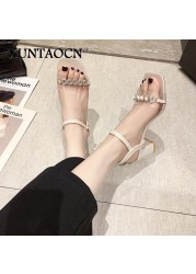 2022 Fashion Summer Thick Heels Sandals Women Ankle Strap Square Toe Sandals Crystal Women Sandals Zapatos De Mujer