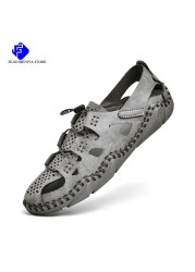 2022 New Summer Men's Mesh Sandals Outdoor Casual Rome Sandals Genuine Leather Men Beach Sandals Non Slip Sneakers Big Size