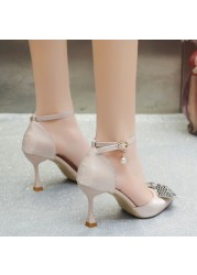 JMPRS Sexy Stiletto Heels Ankle Strap Pumps Woman Shining Rhinestone Bowknot Wedding Shoes for Women Silk Satin High Heels Shoes