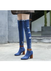 Rimocy Women Sexy Skinny Denim Boots Spring 2021 Wedge High Heel Women Boots Casola Cowboy Over The Knee Boots Botas Mujer