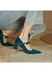 2021 Autumn Women Shoes Sheep Suede Pointed Toe Chunky Heel Women Pumps Shoes Ladies Concise Mary Janes Bow High Heel Shoes