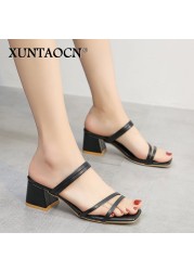 New 2022 Female Sandals Sexy Summer Slippers Ladies High Heels Square Open Toe Slides Party Shoes Women Sandals for Women