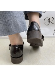 Rimocy Vintage Brown Low Heel Mary Jane Shoes for Women Spring Autumn Patent Leather Shoes Woman Square Toe Buckle Strap Pumps