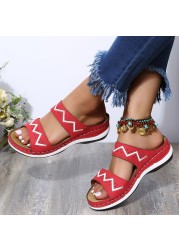 Rimocy Summer Outdoor Platform Beach Slippers Women PU Leather Striped Wedges Sandals Woman Fashion Thick Sole Non-slip Slides