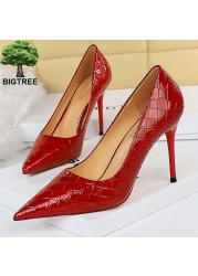 BIGTREE Patent Leather Shoes Woman Pumps 2022 Designer Shoes New Weave Style Fine High Heels Stiletto Heeled Shoes Party Shoes