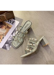 Summer 2021 New Slippers Women Rivet Sandals Women Square Toe Slippers Open Toe Shoes Fashion Shoes For Women Sexy High Heels