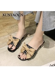 Fairy Silk bow-knot plaid fabric slippers women sandals summer lattices modern shoes woman flip flops metal heels slides femme