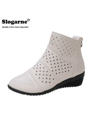 Women's hollow ankle boots female spring shoes 4.5cm medium heel wedges soft leather invisible height increasing short boots