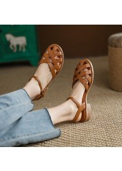 Real Leather Weave Gladiator Women Sandals Square Heels Buckle Strap Sandals for Women 2022 Hollow Out Summer Ladies Footwear