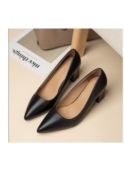 Women's High Heels Shoes Pointed Toe Thick Heels Shallow White Black Solid Single Shoes For Office Ladies