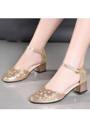 Lucifer Women's 2022 Crystal Studded Chunky Heels Ankle Strap Women High Heels Shoes Women Hollow Out Round Heel Shoes