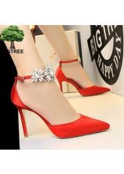 BIGTREE Shoes Women Rhinestone High Heels Woman Pumps Stiletto Silk Satin Women Heels Shoes Ladies Wedding Shoes Women Sandals