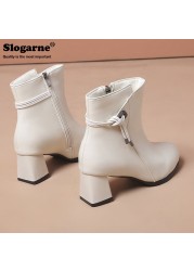 Women's High Boots Spring Autumn Short Ankle Boots High Heels Female Fashion Leather Bottes Waterproof Shoes Side Zippers Pumps