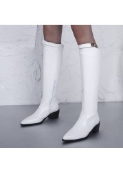 Lucifer 2021 Buckle Pointed Toe Knee High Boots Women Autumn Winter Thick Heels Long Boots Woman Waterproof PU Leather Botas