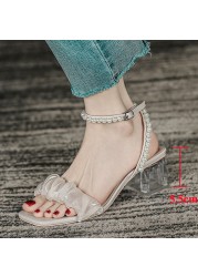 Lucifer Pearl Strap Thick Heel Sandals Women Satin Square Toe Gladiator Sandalias Woman Clear Heel Summer Shoes Plus Size 43