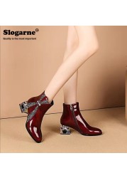 Women's shoes modern diamond high heels spring autumn patent leather waterproof female short ankle boots winter shoes party pump