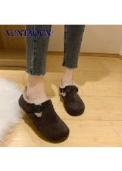 2022 New Solid Color Short Boots Buckle Strap Women Shoes Furry Plush Slip-on Flat Footwear Winter Warm Booties Female Snow Boot