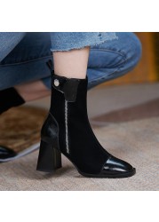 Black PU Leatehr Frosting Combat Boots Short Chunky Mid Heel 2022 Spring Women Zipper Martin Boots Ankle Boots For Women