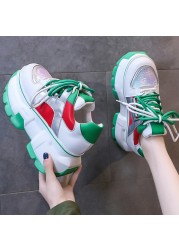 Lucifer Green Sequin Chunky Sneakers Shoes Woman 2022 Spring Mixed Color Platform Shoes For Women Lace Up Thick Sole Sneakers