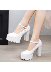 Lucifer 2021 Autumn Women Ankle Strap Thicken High Heels Shoes Woman Black White Wedge Mary Jane Shoes Women 43