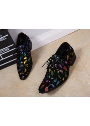 Fashion Print Leather Derby Casual Shoes Men Pointed Toe Lace Up Party Business Shoes Mens Nightclub Bar Career Work Shoes 37-46