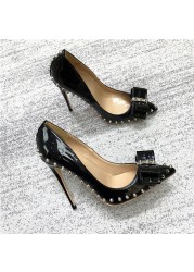 Spring pointed bow stiletto stiletto 12cm work shoes temperament soft leather rivet party dress all-match big size women's shoes