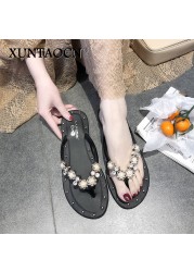 Flat Shoes Female Womens Slippers Outdoor Pantofle Low Rubber Flip Flops Slides 2022 Hawaiian Beach Glitter Fabric Crystal PU