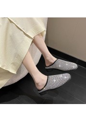 rhinestone pumps bling square toe black mules new casual slippers stirrup women shoes fashion half drag lazy loafers women heels