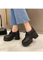 EGONERY Casual Sandals Punk Style Round Toe Genuine Leather Hollow Shoes Summer Style Platform Thick Heel Suede Leather Pumps Ladies