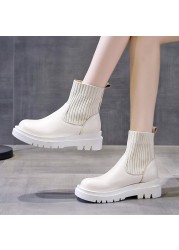 Knitted Leather Thigh High Boots Women Mid Tube Socks Boots 2021 New Autumn Women Fashion Martin Boots