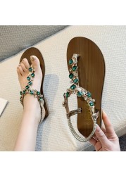 Rimocy T-strap Shiny Rhinestone Sandals Women 2022 Summer Clip Toe Flat Heel Sandalias Woman Crystal Beach Slides Flip Flops