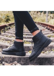 Black Leather Men Boots Lace Up Platform Ankle Boots Street Style High Tops Casual Shoes Fashion Combat Boots For Men