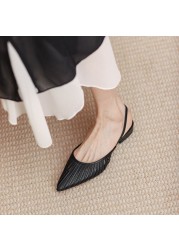 REAVE CAT Genuine Leather Women Sandals Flats Pointed Toe Shallow Back Strap Hollow Size 34-40 Solid Black Apricot Summer S3659