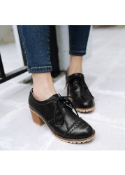 REAVE CAT Women Pumps Brogue Oxfords Round Toe Block Heels Lace-up Retro Big Size 34-43 Solid White Black Spring Casual S3620