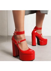 REAVE CAT Women Pumps Square Toe High Block Heels Buckle Straps Punk Plateform Big Size 35-41 Solid Red Black Sexy Spring S3626