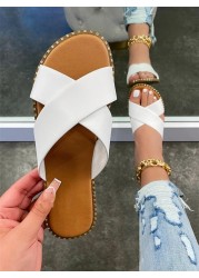 Modern Women Slippers Casual Open Toe Beach Vacation Cute Shoes Solid Color Cross Flat Sandals Bulk Items Wholesale Lots M8686