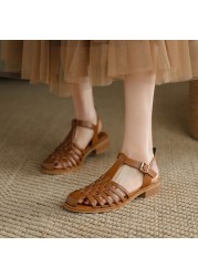 Women Genuine Leather Shoes Summer Sandals Buckle Strap Hollow Out Beach Sandals Cool Women's Shoes 2022 New Size 34-40