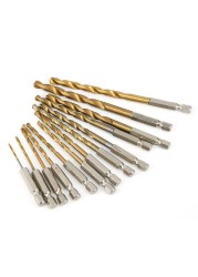 13pcs HSS High Speed ​​Steel Titanium Coated Drill Bit Set 1/4 Hex Shank 1.5mm-6.5mm Hexagonal Handle Twist Drill