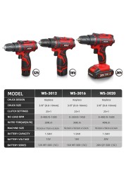 WUSAI 12V 16V 20V Cordless Drill Mini Cordless Electric Screwdriver DC Power Disk Li-ion Battery 3/8 Inch