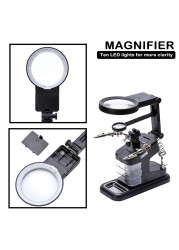 متعددة الوظائف لحام عدسة مكبرة بإضاءة ليد 3X 4.5X 25Xmagnifying الزجاج التمساح حامل قصاصة المشبك مساعدة اليد أداة إصلاح للحام