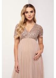 Maya Maternity Delicate Sequin Cap Sleeve Maxi Dress