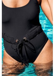 Figleaves Black Icon Maui Scoop Neck Belted Swimsuit