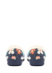 Pavers Blue Ladies Full Slippers with Flower Embellishment