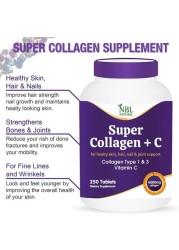 NBL Super Collagen with Vitamin C, Collagen Peptides Types 1 & 3 for Hair, Skin, Nails & Joints - 6000 mg - 250 Tablets