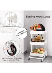 Orchid 3-Tier Multi Use Kitchen Organizer Rack عربات تخزين قابلة للإزالة رف برج تخزين رف حمام بعجلات ومسند للذراعين رف تخزين متداول نحيف | عربة بعجلات بمقبض (أبيض)