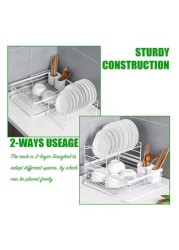 ALISSA-2 Tier Dish Drying Bowl Storage Rack With Drainer,Plate Organizer Utensil Holder with Drip Tray, White.