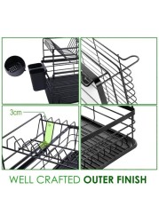 ALISSA-2 Tier Dish Drying Bowl Storage Rack With Drainer,Plate Organizer Utensil Holder with Drip Tray, Black.