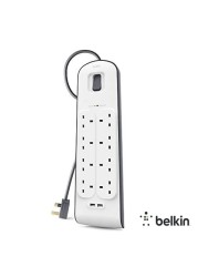 Belkin 8Port Power Extension Strip, 8 Way, 8 Plug Surge Protection Lead, 2Port 2.4A USB Charging Port (2m Cable).