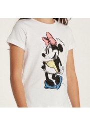 Minnie Mouse Print T-shirt with Crew Neck and Short Sleeves