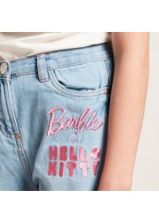 Sanrio Embroidered Denim Pants with Pockets and Button Closure